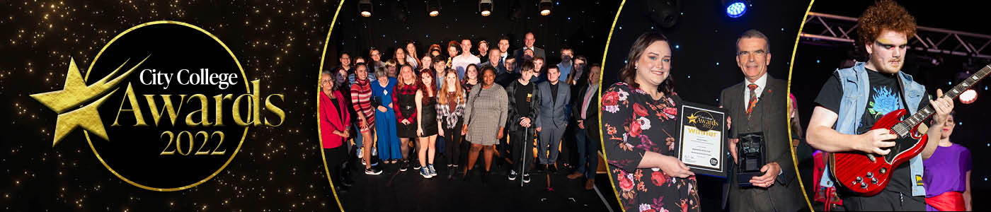 Collage showing group of award winners, a winner being presented with certificate and trophy and a student playing an electric guitar. City College Awards 2022 logo
